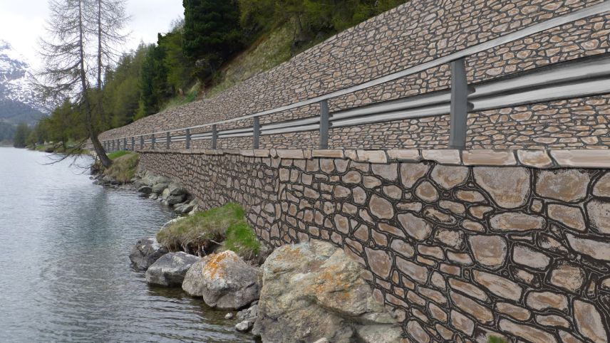 Mit diesen Wandmauern aus Stahlbeton ist das Bundesamt für Raumentwicklung nicht einverstanden. Visualisierung: Tiefbauamt Graubünden