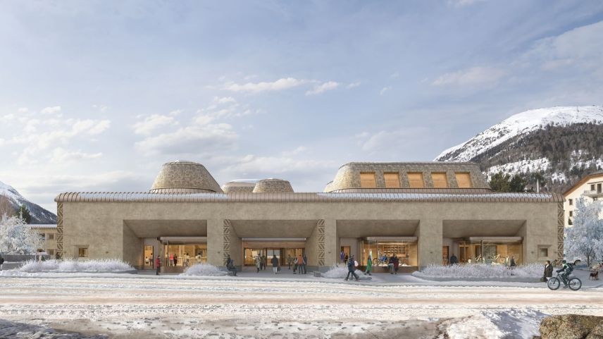 Aussensicht des Innovationscampus InnHub La Punt mit den aus Kostengründen angepassten und optimierten Lichtkuppeln auf dem Dach des Holzbaus. Im März beginnen erste Vorarbeiten, Ende 2028 soll Eröffnung sein. Bild: Foster + Partners