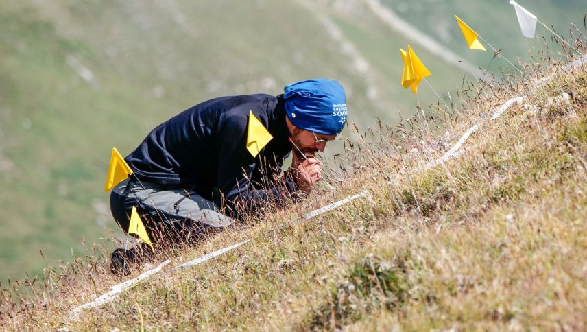 Botaniker Raphael von Büren 2022 beim geduldigen erfassen der Pflanzenarten in seinem Untersuchungsquadrat auf Minschuns am Ofenpass. Foto: Jon Duschletta (Archivbild)