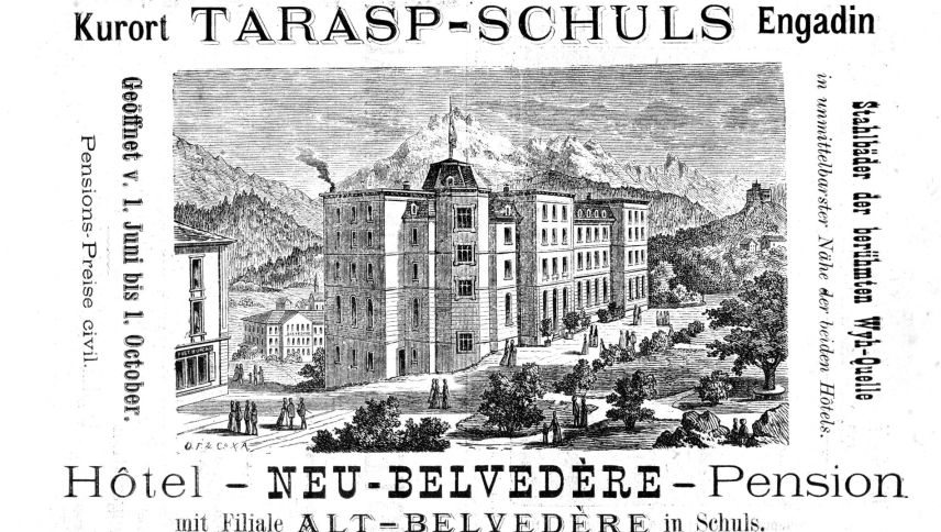 Inserat für das neue Hotel Belvedere. Foto: Postkarte/Privatarchiv Linard Brüngger