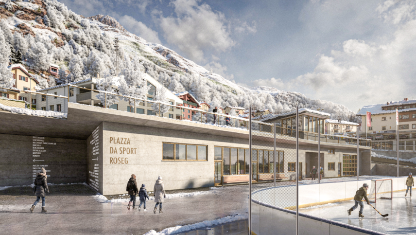Der Planungskredit für den Neubau der Plazza da sport Roseg ist genehmigt worden (Visualisierung: z.Vfg Gemeinde Pontresina)
