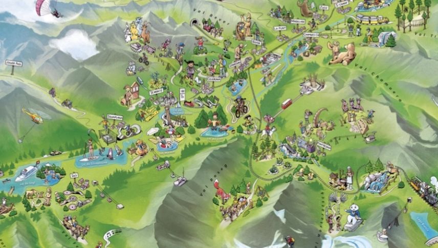 Das Wimmelbild zeigt kinderfreundlich welche Abenteuer im Engadin warten. Foto: Engadin Tourismus