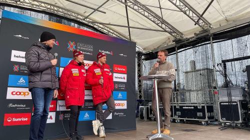 Dario Cologna, Nadja Kälin, Roman Furger und Moderator Christian Gartmann (von links). Foto: Reto Stifel