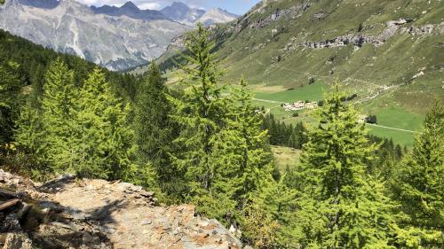 Während die Wanderer über die Schieferplatten des Erlebnispfades spazieren, kommen sie auch in den Genuss von prächtigen Ausblicken ins Fextal. Foto: Marie-Claire Jur