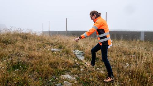 Die Umwelt-, Boden- und Bauspezialistin Nina von Albertini begutachtet die Entwicklung der renaturierten Umgebung hinter dem neuen Stützpunkt des Tiefbauamtes Bezirk 3 unterhalb des Bernina Hospiz. Foto: Jon Duschletta