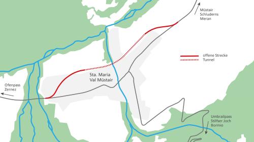 Quist sviamaint cun ün tunnel (cotschen) es previs per dis-chargiar Sta. Maria dal trafic. fotografia: Chantun Grischun