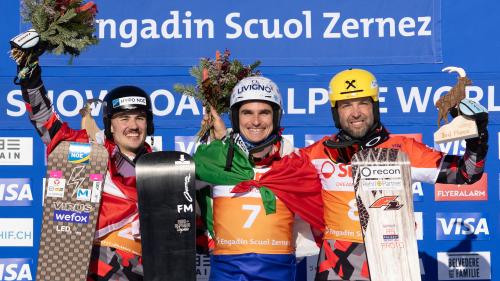 Bei den Männern gewann Maurizio Bormolini aus Livigno (Mitte), er verwies die beiden Österreicher Dominik Burgstaller (links) und Andreas Prommegger auf die Ränge 2 und 3. Foto: Mayk Wendt.