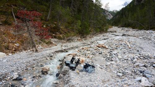 Mithilfe von Pumpen wird Bachwasser gefiltert, um darin genetische Spuren von Wildtieren nachzuweisen. Diese Umwelt-DNA kann auch von Tieren stammen, die sich oberhalb der Probestelle aufhalten. Foto: Flurin Leugger